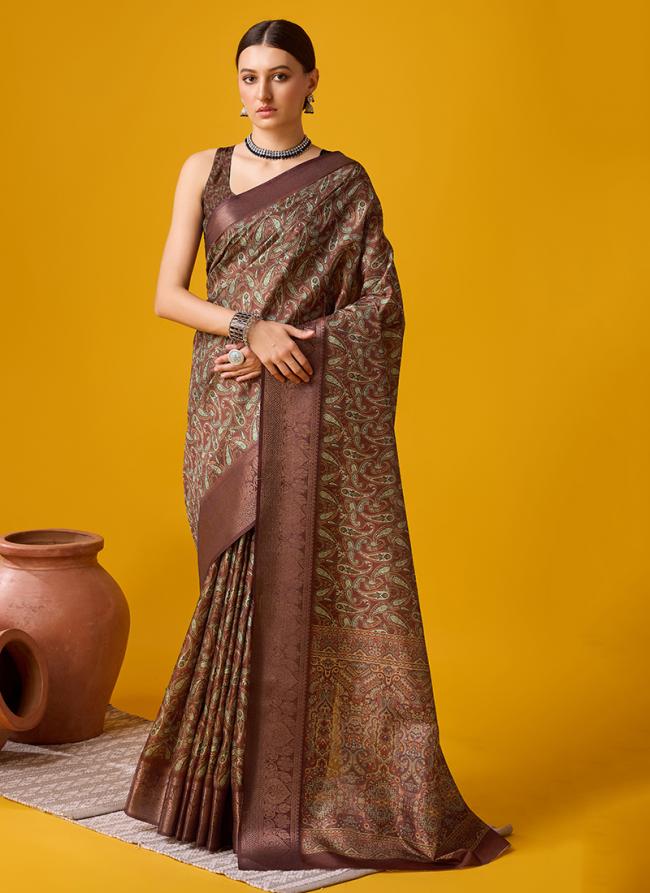 Cotton Brown Festival Wear Floral Print Saree